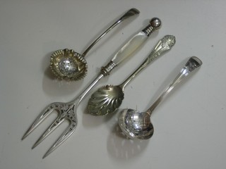 A silver plated bread fork with mother of pearl handle, 2 silver plated sifter spoons etc