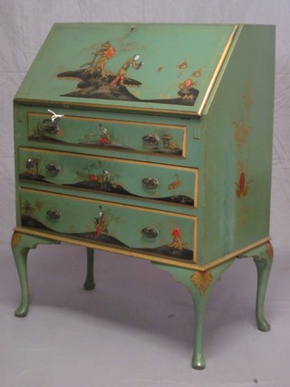 A 1930's green painted chinoiserie style bureau, the fall front revealing a well fitted interior above 3 long drawers, raised on cabriole supports 29"