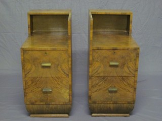 A pair of Art Deco walnut bedside chests of 2 drawers 13"