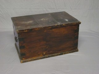 A 19th Century pine box with hinged lid and iron drop handles 34"