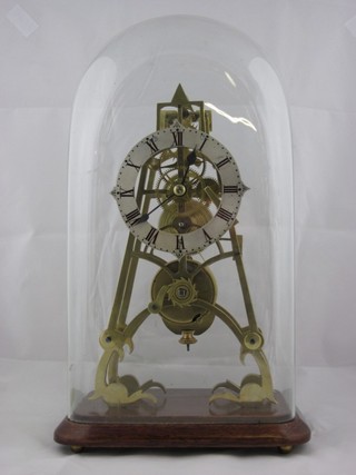 A fusee skeleton clock with painted dial and Roman numerals contained under a dome ILLUSTRATED