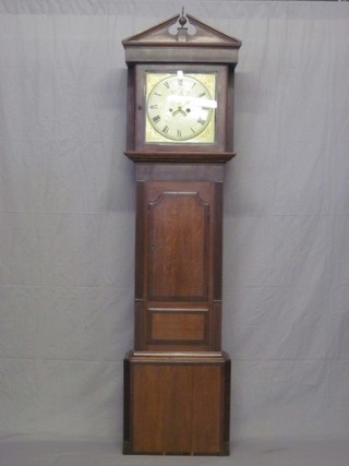 An 18th Century 8 day striking longcase clock, the square 13" painted dial with gilt spandrels, Roman numerals and subsidiary second hand and calendar aperture, contained in an oak case 83" ILLUSTRATED