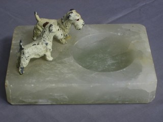 A 1930's Art Deco white marble ashtray decorated 2 painted metal figures of Terriers