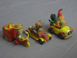 A Corgi Comic Basil Brush car, a do. Noddy car and a do. Magic Roundabout tricycle with Dillon and Zebedee