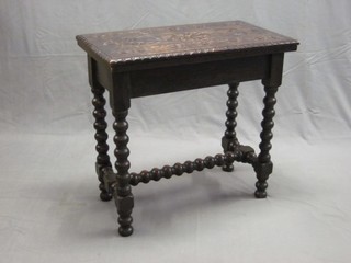 A Victorian rectangular carved oak card table, raised on bobbin turned supports with H framed stretcher 30"