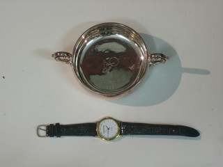 A silver plated twin Rank Theatre Jersey dish 1985 and an Odeon wristwatch