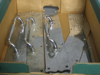 4 Art Deco chromium plated door handles and 2 push plates