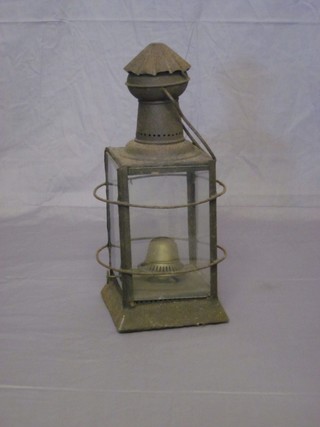 A 19th Century square iron and glass hanging lantern 14"