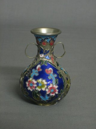 A champ-leve enamelled twin handled vase 4"