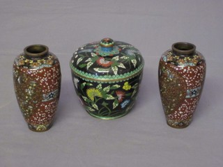 A pair of 19th Century cloisonne enamelled vases 5" and a jar and cover 4"