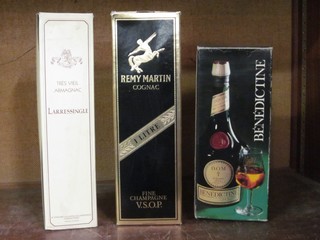 A litre bottle of Remi Martin cognac, a bottle of Tres Bieil Armagnac and a bottle of Benedictine