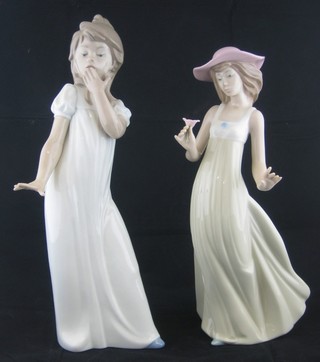 A Nao figure of a bonnetted lady buying a flower 9" and 1 other of a yawning girl