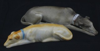 A 19th Century biscuit porcelain figure of a grey hound 5" and 1 other porcelain figure of a grey hound 4 1/2"