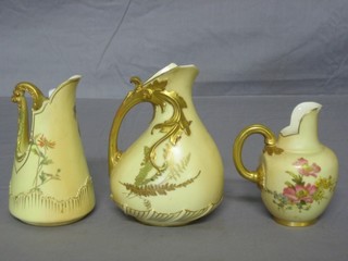 A Royal Worcester blush ivory jug, the base with purple Worcester mark, marked 1349 5 1/2" (f), 1 other jug base with purple Worcester mark marked 1546 (chip to spout) and a Worcester jug base with green mark and 1094 4" (chip to spout)