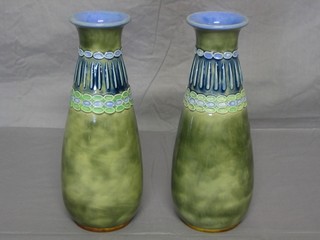 A pair of Royal Doulton green glazed club shaped vases, bases impressed Royal Doulton 8128A 12"