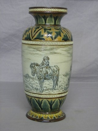 A Hannah Barlow Doulton Lambeth club shaped vase decorated cattle, dogs and a child on a horse, the base impressed Doulton Lambeth 1883 NC 275 212 and incised HB and JLB 12" ILLUSTRATED