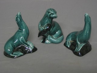 2 Poole Pottery figures of seated sea lions 4" and 1 of a Walrus