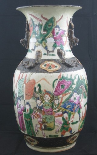 An Oriental twin handled club shaped vase decorated warriors 12"