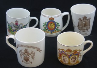 An Edward VII brown glazed Coronation mug, do. beaker (f) and 3 other Coronation mugs
