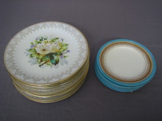 6 19th Century Royal Worcester tea plates with blue and gilt banding 7" and 10 19th Century circular porcelain plates painted flowers 9" (1 chipped)