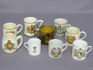 An Edward VII Coronation mug, a porcelain Edward VII Coronation mug, a WWI Peace mug and 6 various Coronation mugs