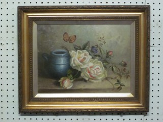 Daisy Fleming, oil on canvas, still life study "White Roses, a Butterfly and a Blue Jug" 8 1/2" x 11"