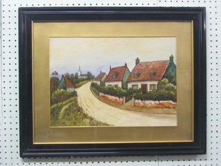 Naive oil painting "Street Scene with Cottages and Church in the Distance" 11" x 16"