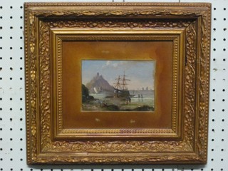 Duront, oil on card "Beached Sailing Ship" 4" x 5"