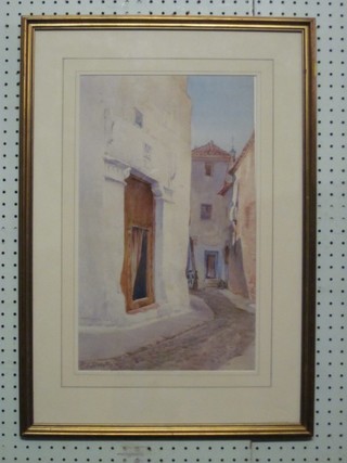 Ernest Louis Lessieux, watercolour drawing "Continental Street Scene with Buildings" 17" x 10"