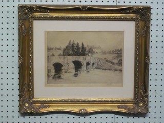 Margaret M Rudge, an etching of an arched bridge 7" x 10" contained in a decorative gilt frame