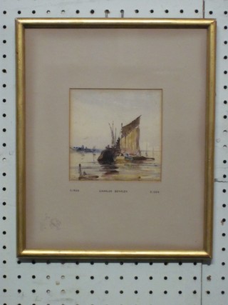 Watercolour drawing "Barge" 4 1/2" x 4 1/2", the mount marked Charles Bentley