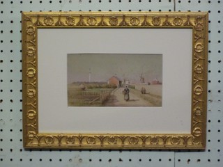 Watercolour drawing "Dutch Girl Walking on a Track with Windmills and Obelisk in Distance" monogrammed S G 4" x 7" (some foxing)