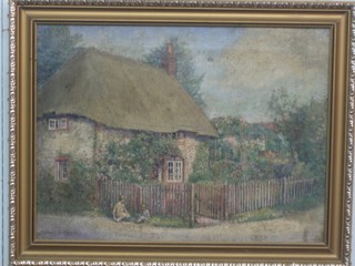 Robert B Wilson, oil on canvas "Thatched Cottage with Two Seated Children" 11" x 15 1/2"