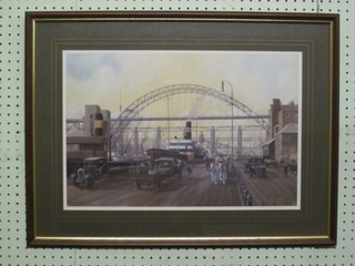 A coloured print after John J Holmes "Newcastle Docks"? signed in the margin 13" x 19"