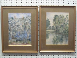 A Stead, 2 watercolour drawings "River Scene with Trees and Swans" 10" x 7" together with "Garden with House in Distance" 9 1/2" x 7"