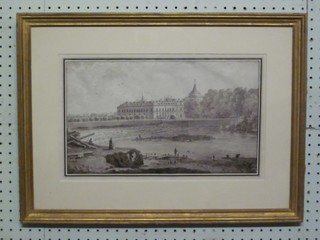 An 18th/19th Century monochrome print "Continental Chateau with Lake" 9" x 14 1/2"