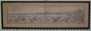 An 18th Century monochrome panoramic view of Seville 4" x 19"