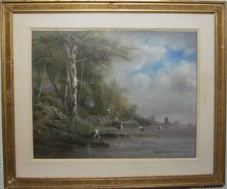 Henri Langerock, watercolour drawing "Study of Lake with Windmill in Distance and Herons" 27" x 35" ILLUSTRATED