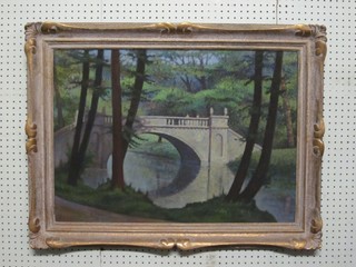 An impressionist oil on canvas "River with Classical Bridge" 19" x 27"
