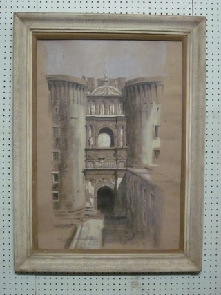 Helen McKie, watercolour "Gateway of the Maschio Angioino Naples" 27" x 18"