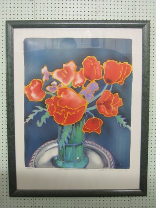 Lillian Deleway, limited edition coloured print "Red Poppies in a Green Vase" 26" x 21"