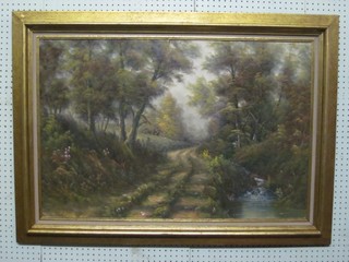 Oil on canvas "Rural Scene with Wooded Stream" 23" x 35"