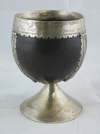 A handsome 17th Century coconut and silver mounted challis, raised on a circular spreading foot, the rim marked W B E William Boteler of The Crispin and Crispianus Oller Against St Andrews Church 1662, 5 1/2" ILLUSTRATED FRONT COVER