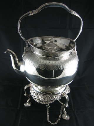 A Victorian engraved silver plated tea kettle stand complete with burner PLEASE NOTE THAT THIS LOT HAS BEEN WITHDRAWN