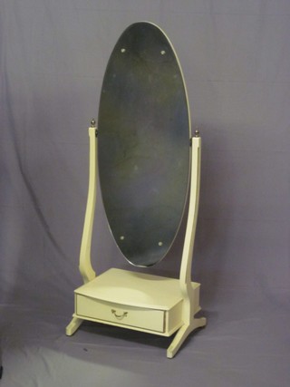An oval bevelled plate, frameless Louis style cheval mirror,  raised on a white painted on stand fitted a drawer, 21"