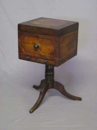 A 19th Century square cellarette with hinged lid, the base fitted 1 drawer and raised on pillar and tripod supports 16"