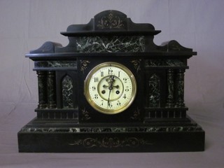 A French mantel clock contained in a 2 colour marble architectural case