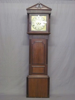 An 18th Century 8 day striking longcase clock, the square 13"  painted dial with gilt spandrels, Roman numerals and subsidiary  second hand and calendar aperture, contained in an oak case 83"