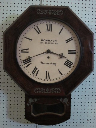 A Victorian drop dial fusee wall clock, the 12" painted dial with Roman numerals marked Rombach 21 Grange Road, Bermondsey
