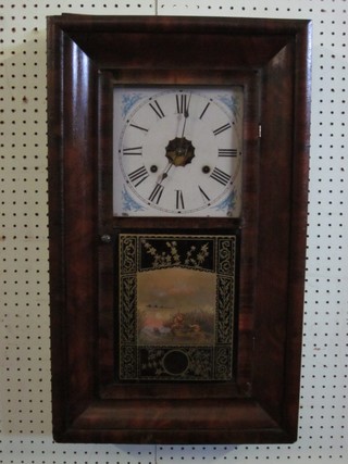 An American 30 hour wall clock by Jerome & Co with square  painted dial, contained in a walnut case 15"